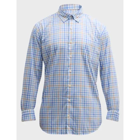 Peter Millar Other - Peter Millar Button Down Shirt‎ Mens Medium Blue Tan Plaid Check Long Sleeve